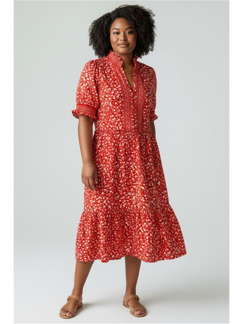 London Times Red Floral Print Smocked Sleeve Tiered Mini Dress Size 6